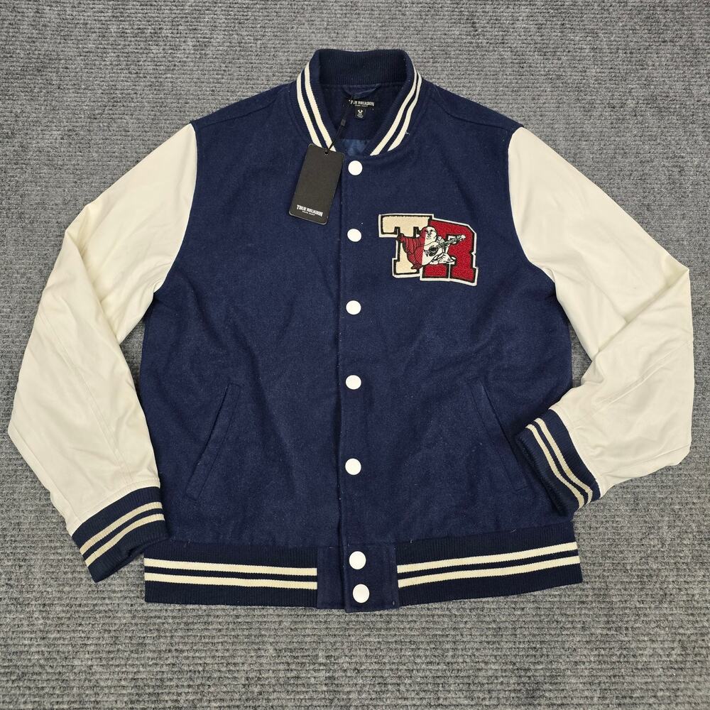 True Religion Varsity Jacket Mens S Navy White HS Patch Chenille NWT Flaw